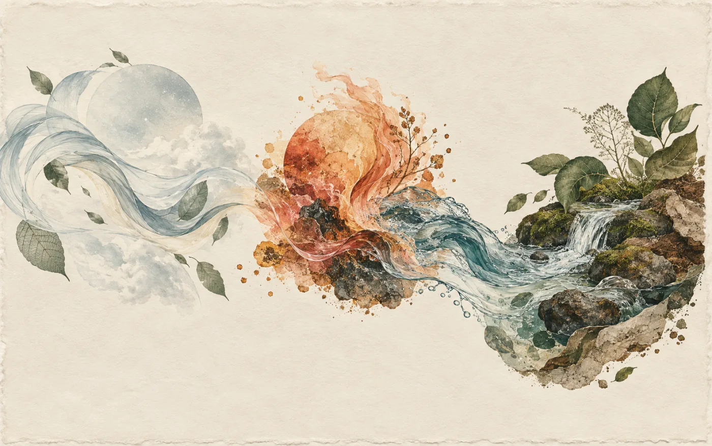 Space, air, fire, water and earth flowing together