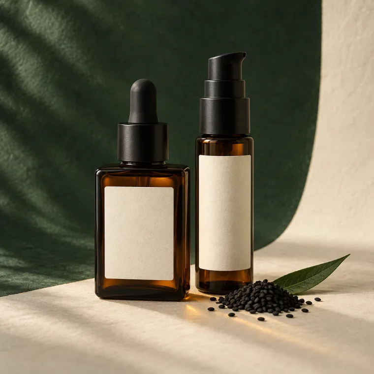 Coordinated amber face and beard oil bottles